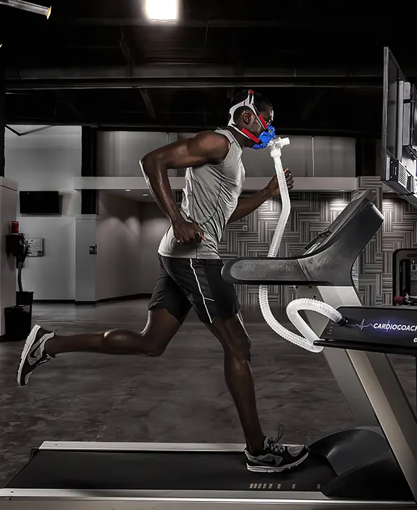 Man running with VO2 Max testing mask on