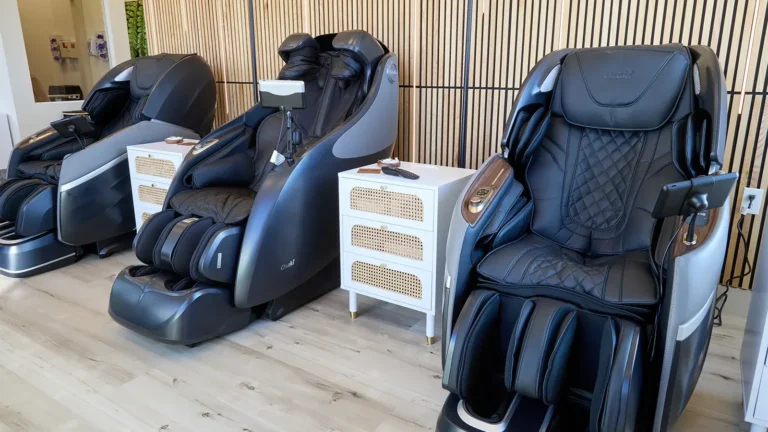 black leather massage recliners lined up for drip IV therapy