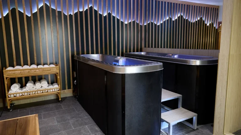 cold plunge basin in a dimly lit, private room
