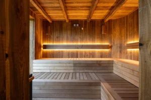 Interior of a wooden sauna with a beautiful view