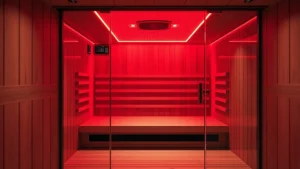 Modern infrared sauna with red LED lighting in wooden room