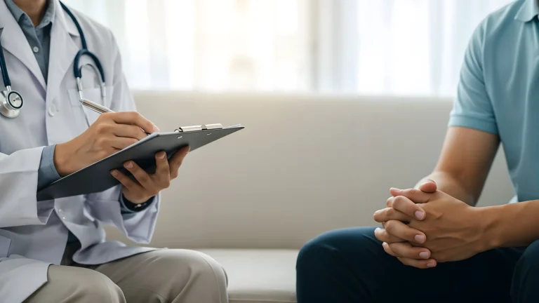 Healthcare professional Doctor with clipboard discussing health concerns with male patient in clinic, addressing medical issues or mental wellness during a diagnostic or counseling session