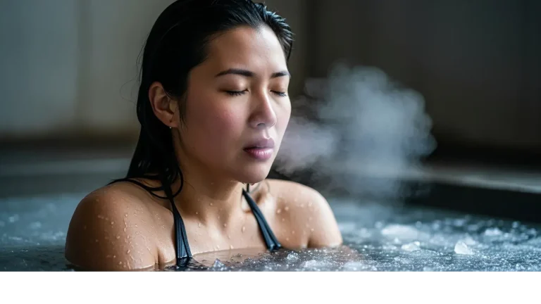 Asian woman with closed eyes exhaling mist in cold plunge ice bath