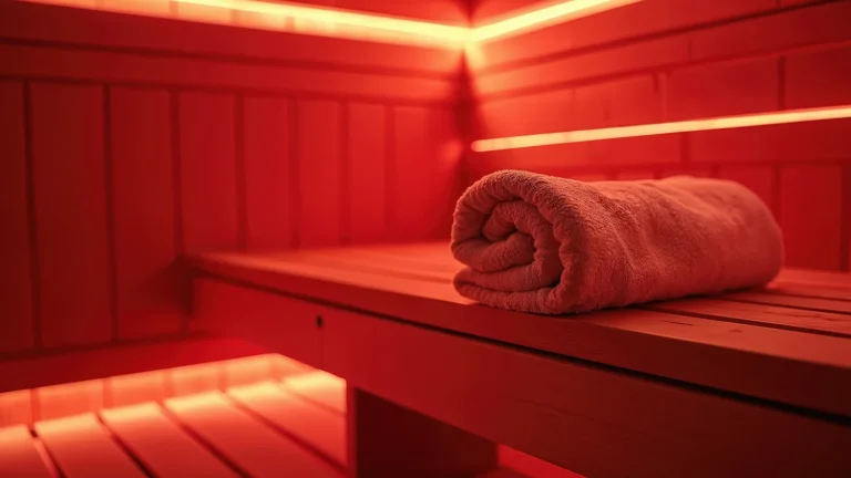 Rolled towel rests on wooden bench in empty infrared sauna.