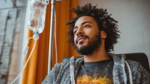 IV Hydration Therapy: Young Man Receiving Vitamin Treatment